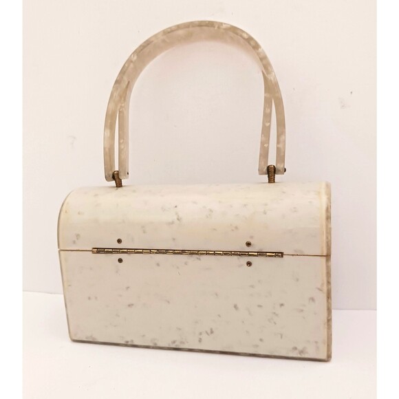 VTG 50s Lucite Box Purse Ivory Pearl Marble Jewel Clasp Twist Top Handle - Picture 2 of 13